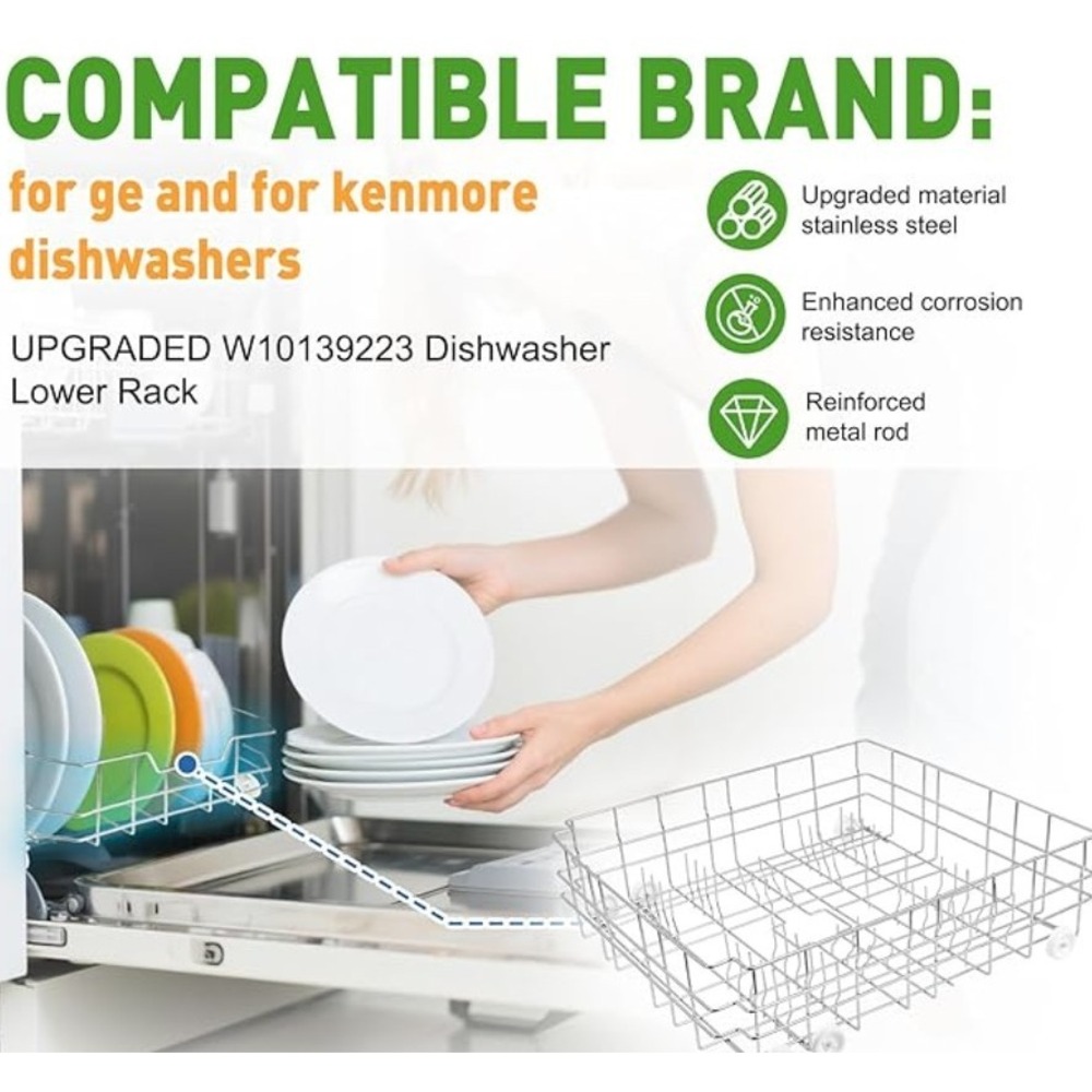 W10139223 Dishwasher Lower Rack 304 Stainless Steel 6 Wheels for 23" Dishwasher - Picture 4 of 13